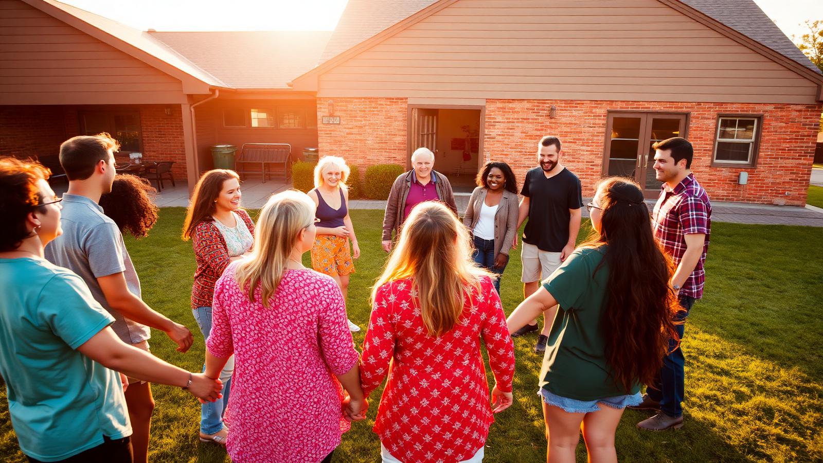 A diverse group of neighbors standing outside in a circle holding hands at golden hour